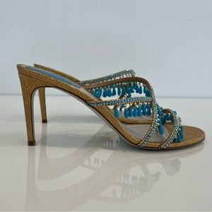 RENE CAOVILLA GOLD LEATHER BLUE EMBELLISHED SANDALS SIZE US 9 / IT 39 NIB!